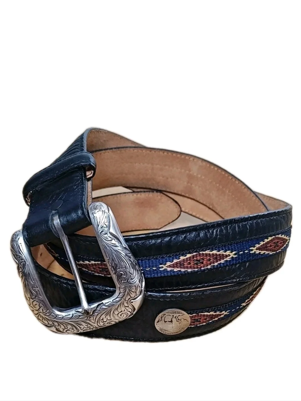 Justin Top Grain Black Leather Aztec Needlepoint Western Belt 40/44 Buffalo Coin